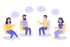 three people sitting in chairs talking to each other with speech bubbles above their heads on white background