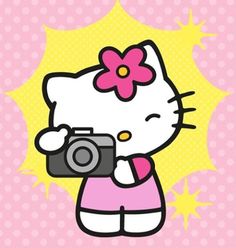 a hello kitty holding a camera on top of a pink background