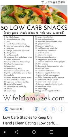 a menu with the words, 50 low carb snacks