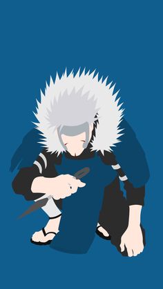 an anime character with white hair holding a knife and looking at his cell phone while sitting on the ground