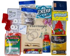 an assortment of items are displayed on a white background with the words marriage survival kit