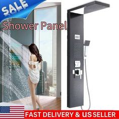 the shower panel is shown with an american flag in front of it and a woman standing next