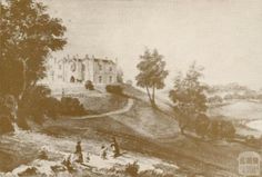 an old painting of people on a hill