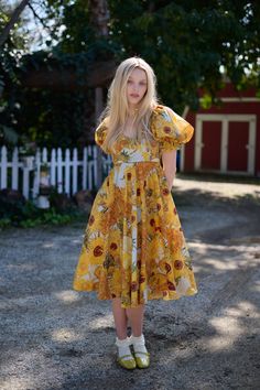 Sunflowers Tea Rose Dress Floral Print A-line Dress For Picnic, Summer Tea-length Dresses For Brunch, Summer Tea-length Brunch Dress, Summer Floral Print Dress For Tea Party, Summer Tea Party Dress With Floral Print, Summer Tea Party Dresses, Vintage Summer Floral Dress For Brunch, Summer Cottagecore Dress For Tea Party, Cottagecore Summer Tea Party Dress