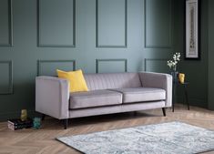 3 seater grey modern minimalist velvet sofa on black tapered legs Chesterfield Sofa Living Room, Modern Chesterfield Sofa, Chesterfield Sofa Design, Modern Chesterfield, Grey Velvet Sofa, Minimalist Sofa, Black Sofa, Types Of Sofas