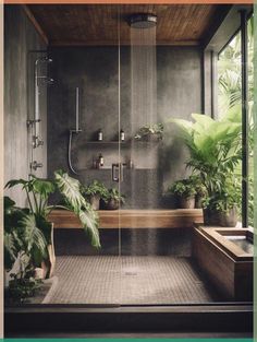 a bathroom with plants and a shower head in the corner, surrounded by greenery