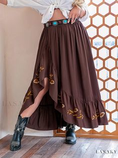 Lasaky - Womens Plus Size Boho Skirt: Floral Print Elastic High Waist Ruffle Trimmed Asymmetric Hem Maxi Skirt Summer Cottagecore Outfits, Pirate Aesthetic, Western Skirts, Plus Size Boho, Ruffle Hem Skirt, 70s Inspired Fashion, Cottagecore Outfits, 70s Outfits, Skirt Plus Size