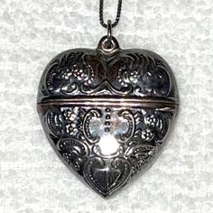 30” Chain With 15” Drop. Circa 1870’s. Victorian Style Sterling Silver 925 Heart Locket Pill Box Pendant Chain Necklace. Victorian Silver Heart Pendant Locket Necklace, Victorian Sterling Silver Locket Necklace, Victorian Silver Keepsake Necklaces, Heirloom Silver Heart Pendant Jewelry, Victorian Silver Jewelry For Valentine's Day, Victorian Heart-shaped Engraved Necklace, Sterling Silver Locket Necklace For Vintage Collection, Silver Victorian Locket Necklace For Memorial, Vintage Silver Necklaces For Memorial