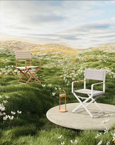 two chairs sitting in the middle of a field with flowers on it and one chair is empty