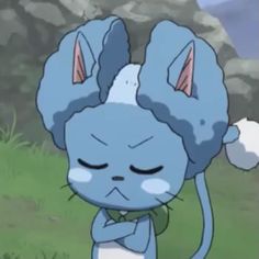 a cartoon cat with its head in the air and it's eyes closed while standing on grass