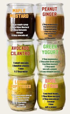 four jars filled with different types of food and labeled in the words maple mustard, peanut butter, avocado, cilantro