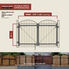 the double driveway gate is shown with measurements for each door and side section, along with instructions on how to install it