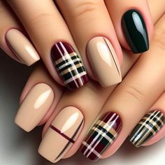 Neutral Plaid Nails, Fall Plaid Nail Art, Plaid Nail Designs, Plaid Nail Art, Blue Ombre Nails, Fall Nail Ideas, Fall Gel Nails, Fall Nail Art Designs, Pumpkin Nails