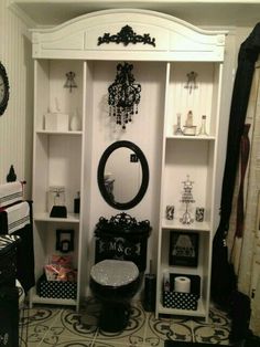 a black and white room with lots of decor