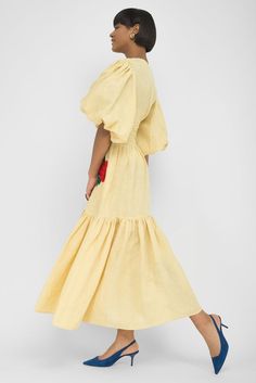 FANM MON SANDRAS Light Yellow Linen Red Floral Embroidered Midi Dress – Fanm Mon Peach Color Dress Outfit, Light Yellow Outfit, Color Palette Light, Yellow Linen Dress, Light Yellow Dresses, Berlin Style, Linen Fashion, Embroidered Midi Dress, Linen Midi Dress