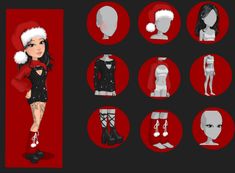 an image of various female mannequins in red and black outfits with white fur