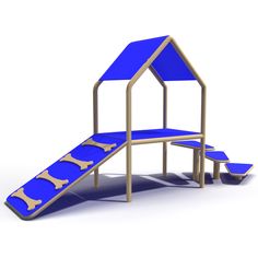 a blue and gold play set with a dog house on top, two slides to the side