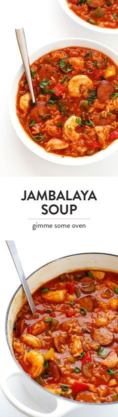 two bowls of jambalya soup with spoons in them and the same bowl