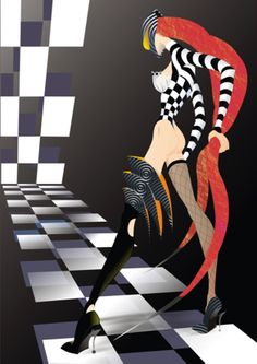 a woman is dancing on a checkered floor