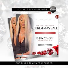 christmas sale flyer template with two beautiful women in santa hats on the front and back