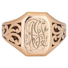 Finely detailed vintage Art Deco era square signet ring (circa 1920s to 1930s), crafted in 10 karat rose gold. The square signet is engraved with the initials (from what we can decipher) "FJL". The ring sits flat on the finger, rising 2mm (0.07 inches). Beautiful scrolled details adorn the side shoulders. The ring is in good condition with patina and wear evident (light scratches to the gold). We have not cleaned the ring in order to preserve the patina and collector value. Particulars: Weight: Art Deco Jewelry 1920s, Diamond Signet Ring, Silver Signet Ring, Gold Signet Ring, Art Deco Era, Art Deco Jewelry, Signet Ring, Vintage Art Deco, 10k Gold