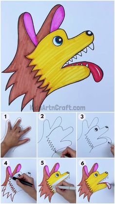 step by step drawing instructions for how to draw a cartoon dog with colored pencils