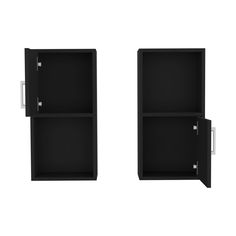 two black shelves with metal handles on each one and the other side, both facing different directions