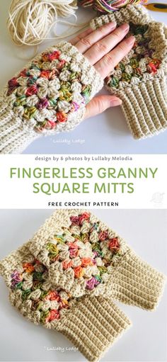 two photos showing different types of crochet mitts with text overlay that reads fingerless granny square mitts free crochet pattern