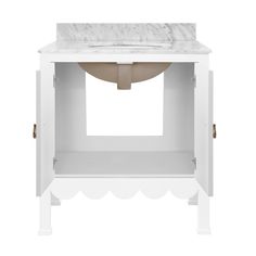 a white bathroom vanity with a marble top