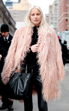 Think Pink from Street Style at New York Fashion Week Fall 2016 Milan Style, What To Wear Fall, Street Style 2016, Pink Fur, Think Pink, Cozy Socks, Coat Patterns, Double Trouble