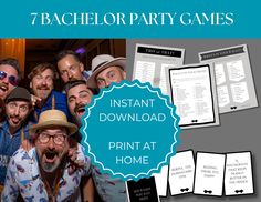 a group of people posing for a photo with the text 7 bachelor party games instant print at home