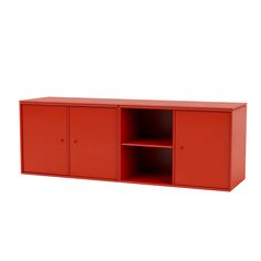 a red cabinet with two doors and shelves