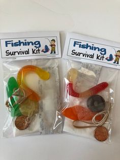 two plastic bags filled with different types of buttons and fishing lures on top of a white table