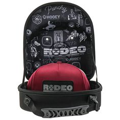 a red and black backpack with the word rodeo printed on it's front pocket