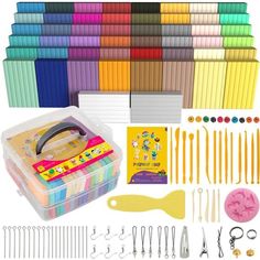 an assortment of crafting supplies including crayons, markers, scissors and more