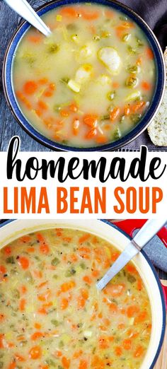 two bowls of homemade lima bean soup with bread on the side