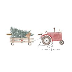 a drawing of a red tractor pulling a christmas tree