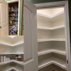 an open pantry door with shelves in it