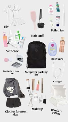 the contents of a woman's travel bag are shown in black and white text