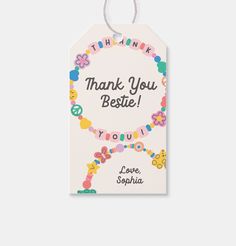 thank you bestie gift tag with flowers and butterflies on it that says, thank you bestie