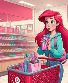 ariel from the little mermaid holding a pink cup in her hand and looking at something