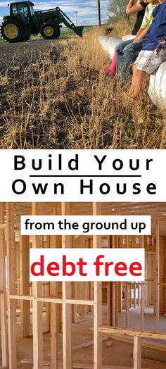 two people sitting on a bench in front of a building with the words build your own house from the ground up debt free