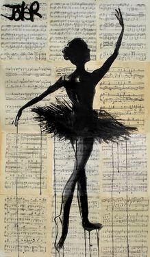 the silhouette of a ballerina in black and white on an old book page with words