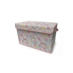 a pink and blue storage box with unicorns on the lid, sitting against a white background