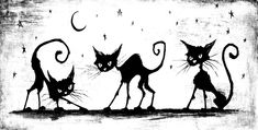 three black cats standing next to each other with stars and moon in the sky behind them