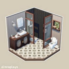 an image of a bathroom with toilet, sink and shower stall in it's corner