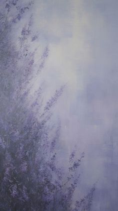 an abstract painting of purple flowers and grass on a gray, cloudy day with blue sky in the background