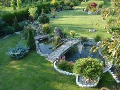 a small pond in the middle of a lush green yard