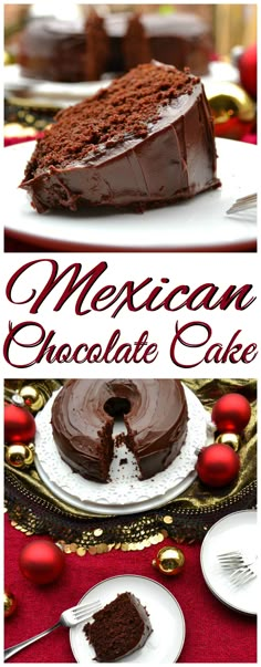 mexican chocolate cake on white plates with red ornaments