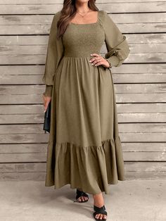 Plus Size Solid Color Square Neck Long Sleeve Belted Casual Dress Khaki Casual  Long Sleeve Woven Fabric Plain A Line Non-Stretch  Women Plus Clothing, size features are:Bust: ,Length: ,Sleeve Length: Summer Two Piece Outfits, Square Neck Long Sleeve, Printed Wide Leg Pants, Khaki Dress, Vestido Casual, Dress Cuts, Kids Sleepwear, Fall Dresses, Square Neck